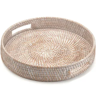 Rundes Rattan Serviertablett, Handgewebtes Serviertablett mit Griffen, Wicker Servierkorb, Dekoratives Tablett für Küche, Wohnzimmer (Weiße, 34 cm)
