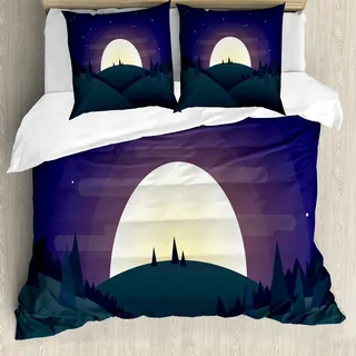 ABAKUHAUS Halbmond Bettbezug Set für Einzelbetten, Nachtwald Sternenhimmel, Milbensicher Allergiker geeignet mit Kissenbezug, 200 cm x 200 cm - 80 x 80 cm, Mehrfarbig