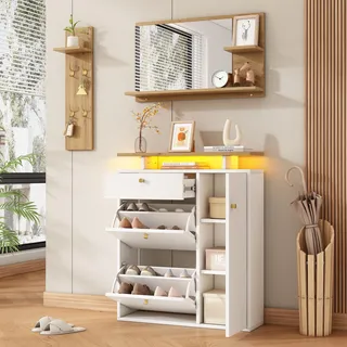 okwish Garderobenset 3-teilig Flurschrank mit Spiegel,Schuhschrank und Garderobenständer mit vier Haken,mit drei Fächern und LED-Beleuchtung,Natur und Weiß - Weiß