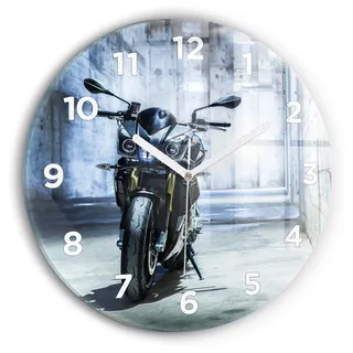 Wallfluent Wanduhr – Stilles Quarzuhrwerk - Uhr Dekoration Wohnzimmer Schlafzimmer Küche - Zifferblatt - weiße Zeiger - 30 cm - Motorrad in einer Gasse - Blau