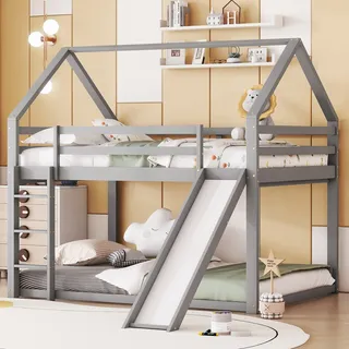 Flieks Etagenbett 140x200cm, Kinderbett Hausbett mit Rutsche und Leiter, Hochbett mit Lattenrost, Stockbett Holzbett mit Rausfallschutz, Grau - Grau