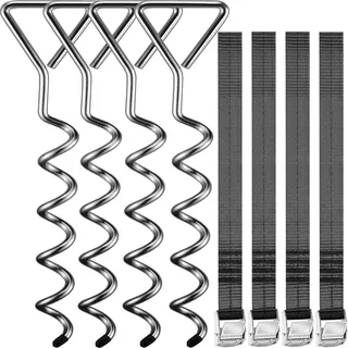 MONZANA® 4 Bodenanker Trampolin 42,5cm 5 Windungen 900kg Verstellbare Gurte Rostfrei Sicherung Set Erdanker Befestigung Pavillon Gartenhaus Schaukel - Silber