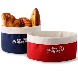 Brotkorb Stoff 2er-Set, Brötchenkorb, Baumwolle, in zwei verschiedenen Farben und Größen, Rot / Blau, Ø 23 und 20 cm, Brotbeutel Brötchenbeutel Frühstückskorb Brottasche, Aufbewahrungskorb Küche