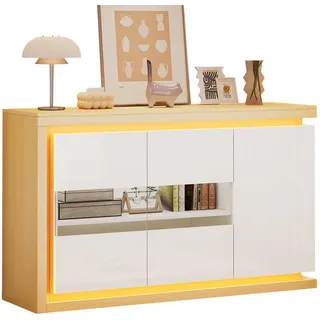 Stilvora Sideboard in Weiß Hochglanz-Wohnzimmerschrank mit verstellbarer Einlegeboden für Flur, Wohn-, Büros, B140/T40/TH84cm , Weiß, Naturfarben , Holzwerkstoff, Glas , 2 Fächer , Rechteckig,Rechteckig , Bodenplatte , 140x84x40 cm , Kleinmöbel, Kommoden, Sideboards