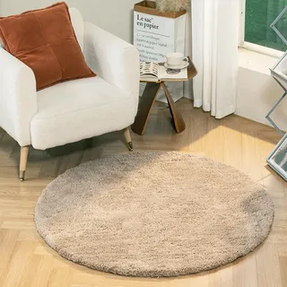 Latepis Teppich Rund Beige Flauschig 90 cm Schlafzimmer Badteppich Fellteppich Wohnzimmer Kleiner Runder Kunstfell Teppich Kinderzimmer Waschbar rutschfest