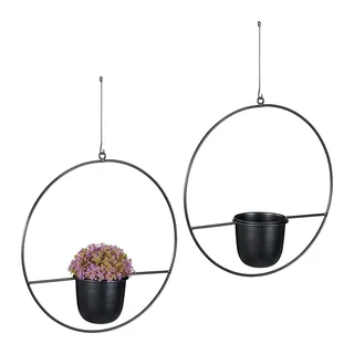 Relaxdays Blumenampel, 2er Set, Ø 34,5 cm, Metall, hängender Blumentopf, für innen & außen, Blumenhängetopf, schwarz