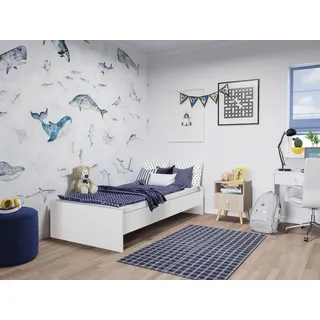 Dmora - Einzelbett Gdynia, Struktur des Lagerbetts, Sommier mit Abdeckung, Bettrahmen aus Stoff, 194x94 h37 cm, Glänzendes Weiß