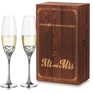 NUPTIO Herz Sektgläser Hochzeitsgeschenke Silber: Set von 2 Sektglas Kristall mit Holz Geschenkbox Hochzeit Jahrestag Champagner Glas