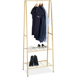 Relaxdays Kleiderständer SANDRA mit 2 Ablagen, Metall, Garderobenständer, mit Kleiderstange HBT: 160 x 61,5 x 38 cm, honigbraun, Honig Braun