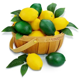 Lorigun 24 künstliche Zitronen und Limetten Deko mit 24 Blättern, Realistische Deko-Zitronen aus Kunststoff Obst für Küche und Tischdekoration im Sommer (12 Zitronen, 12 Limetten)