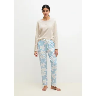 Pyjamahose MARC O'POLO "Mix N Match Cotton", Damen, Gr. M (40), N-Gr, niagara mist print, Single Jersey, Obermaterial: 100% Baumwolle, lang, Hosen Pyjamahose, mit floralem Print, Gummizug und Bindeband