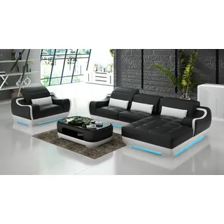 Ledersofa Couch Wohnlandschaft Ecksofa + Sessel Garnitur Modern Sofa USB 8025E - Schwarz