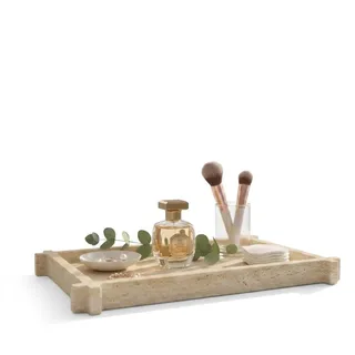Maison & Werk Marmor Tablett aus Travertin Naturstein Beige (38x26 cm) – Badezimmer Deko Tablett, Skincare & Parfum Organizer, rechteckige Marmorplatte