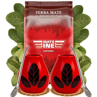 Yerba Mate-Tee Set für Zwei ● Paraguayische Yerba Mate Mateine Caffeine 500g ● Keramik mate-tee tasse Hoja Red 350ml ● Edelstahl trinkhalm Bombilla 19cm ● Vegan ● Stark rauchiger Nachgeschmack