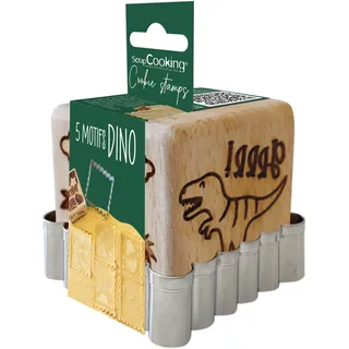 SCRAP COOKING ScrapCooking – Backstempel aus Holz mit Dinosaurier-Motiv – mit 1 Ausstechform Keks & Würfel mit 5 Seiten mit Relief – Form Dekoration Dino Jungle – 5299
