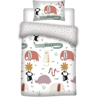 Aymax Kleinkinder-Bettwäsche-Set, Tiere Wendemotiv, Baby Bettbezug 100 x 135 cm, Kopfkissenbezug 40 x 60 cm, Baumwolle, mit Elefanten, Krokodilen, Affen...