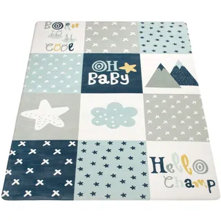 Paco Home Kinderteppich »Chicos 554« rechteckig 2 mm Höhe Flachgewebe, mit Schriftzug & Regenbogen oder Sternen, Pastell-Farben, blau
