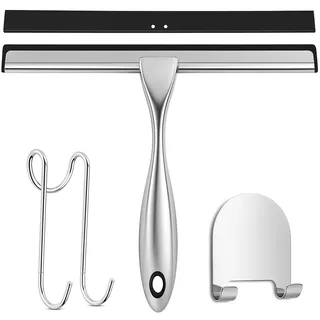 SURFOU Duschabzieher Edelstahl 25cm Schwarz,Abzieher Dusche mit 2 Haken, Fensterabzieher für Badezimmer, Enthält 2 Ersatz-Gummilippen, Für Spiegel/Glas/Fliesen, Hinterlässt Keine Wasserstreifen