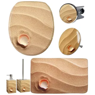 Sanilo Badaccessoire-Set »Clam«, (Komplett-Set, 6 tlg.), bestehend aus WC-Sitz, Badteppich, Stöpsel, Seifenspender, WC-Bürste, beige