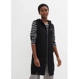 Sweatweste BONPRIX, Damen, Gr. 36/38 (S), schwarz, Sweatware, Obermaterial: 60% Baumwolle, 40% Polyester, unifarben, lässig geschnitten knieumspielend, Westen Sweatweste, lange Weste mit Kapuze, Baumwoll-Mischung, 2-Wege-Zipper