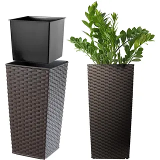 KADAX Pflanzkübel mit Innentopf, Höhe 46.5cm, 24x24cm, ca. 13L – Rattan-Optik Mokka, Frostsicherer Blumentopf für Innen & Außen, Garten, Balkon & Terrasse, UV-beständig, wetterfest