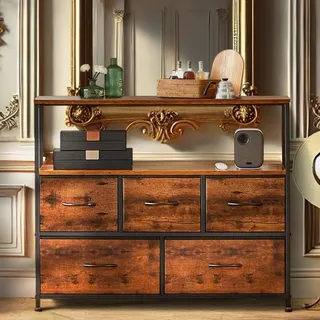 DUMOS Kommode mit Schubladen - kommoden & Sideboards für Schlafzimmer Geeignet, Komodenschrank mit 5 Schubladen, TV-Schrank mit Stabilem Stahlrahmen, Ideal für Schlafzimmer, Wohnzimmer (Vintagebraun)