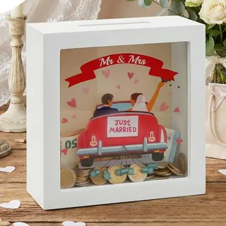 MIJOMA Spardose aus Holz mit Glasfront – dekorativer Sparrahmen für Geldgeschenke zu Hochzeit, Geburtstag, Reise & mehr – kreative Geldbox (Just Married - weiß, 15 x 15 x 5 cm)