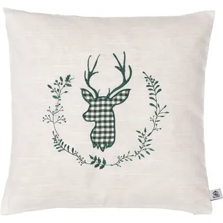 myZirbe Zirbenkissen beige grün Bestickt mit Hirsch Größe 40x40 cm befüllt mit Zirbenflocken aus Zirbenholz in extra Inlett