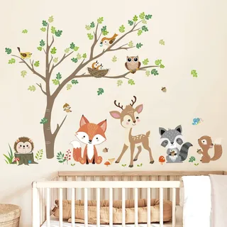 decalmile Wandtattoo Waldtiere Baum Wandaufkleber Fuchs Hirsch Eule Wandsticker Babyzimmer Kinderzimmer Schlafzimmer Wanddeko