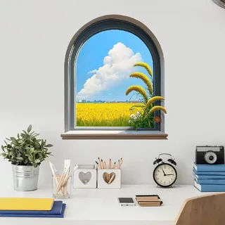 SUPERDANT 3D Wandtattoo Für Gewölbte Fenster 3D Wandsticker Reisfeldern Landschaft Fenster Wandaufkleber Wanddekoration Vinyl Wandsticker Für Zuhause Wandaufkleber Selbstklebende Schlafzimmer