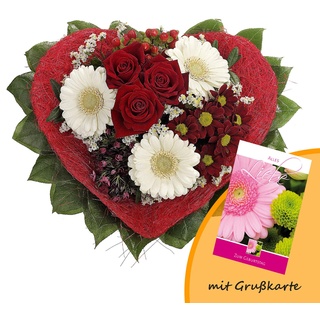 Dominik Blumen und Pflanzen, Blumenstrauß "Allerliebst" mit Rosen, Gerbera und Bartnelke und Grußkarte "Geburtstag"