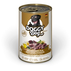 DOGGY Dog Paté Wildschwein & Geflügelherzen, 6 x 400 g, Nassfutter für Hunde, getreidefreies Hundefutter mit Lachsöl & Grünlippmuschel, Alleinfuttermittel mit Kartoffeln & rote Beete, Made in Germany