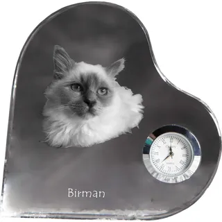 Birma - Kristalluhr mit Katzenbild, Herzregal-Uhr, personalisierte Standuhr von Art-Dog.