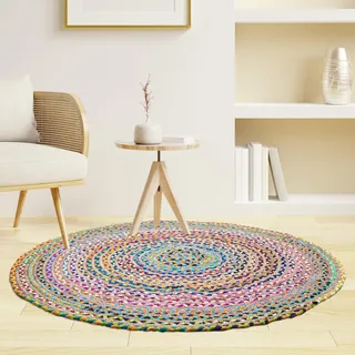 Craft Trade Bunt Waschbarer Boho Jute Teppich Reversibel Geflochten Handgewebt Rund Flickenteppich für Küche Wohnzimmer und Schlafzimmer- 120 cm