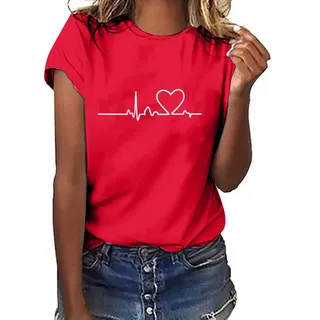 Tshirt Damen Lässige Elektrokardiogramm Druck Oberteile Herzschlagkurve Pullover T-shirt Einfarbiges Basic Shirt Rundhals Kurzarm Sommer Tops Lockere All-Match Tunika Bluse Laufshirt Sportshirt