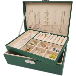 Pahajim Schmuckaufbewahrung für Damen, Schmuckkästchen 2 Stöckige Schmuckkasten PU Leder Schmuckschatulle Jewelry Organizer Schmuckbox für Ringe, Ohrringe, Ohrstecker, Ketten