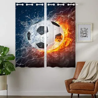 YISUMEI - Vorhang Blcikdicht - Fußball Flammenfeuer - 160 x 110 cm 2er Set Gardinen mit Ösen für Schlafzimmer Wohnzimmer