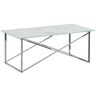 Beliani Couchtisch Weiß Silber 50 x 100 cm Glasplatte Beinen aus Edelstahl Poliert Marmoroptik rechteckig Modern - Weiß, Silber