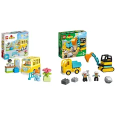 LEGO DUPLO Die Busfahrt Set, Bus-Spielzeug zum Aufbau sozialer Fähigkeiten & DUPLO Bagger und Laster Spielzeug mit Baufahrzeug