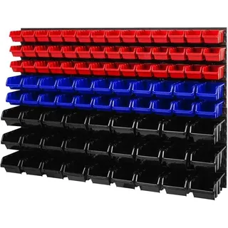 Lagersystem Wandregal – 1158 x 780 mm - Stapelboxen Sichtlagerkästen Schüttenregal – Wandplatten SET mit 3 Arten von Boxen (Rot/Blau/Schwarz)
