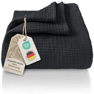 LAYNENBURG Premium Musselin Tagesdecke 180x220 cm - 100% Baumwolle - extraweiche Baumwolldecke als Kuscheldecke, Bett-Überwurf, Sofa-Überwurf, Couch-Überwurf - warme Sofa-Decke (Anthrazit)