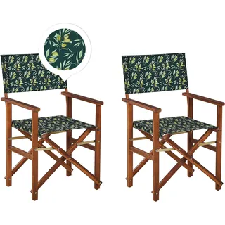 BELIANI Gartenstühle 2er Set Dunkles Akazienholz mit 4 Wechselbaren Stoffbezügen Cremeweiß und Grün mit Olivenmuster Zusammenklappbar Outdoor Garten - Grün, Weiß, Braun