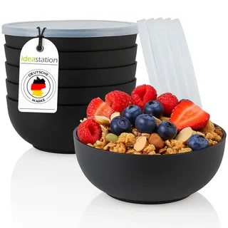idea-station Müslischalen mit Deckel 6 Stück - 14 cm / 500 ml - schwarz matt - bruchfeste Plastikschüsseln mit Deckel - Schalen und Schüssel Set für Cornflakes und Camping
