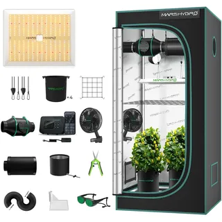 MARS HYDRO TS1000 Growzelt Komplettset mit Digitaler Smart Controller43,LED Dimmbar Grow Lampe,80X80X160cm 1680D Hohe Reflektivität Grow Box Komplettset,4" Automatischer Belüftungssat