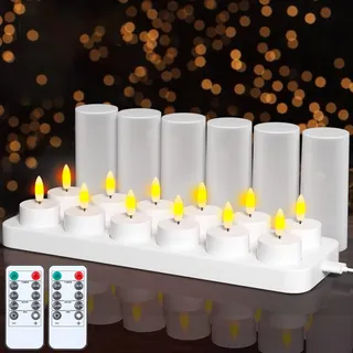 EXTSUD 12 Stück Led Teelichter Aufladbare Teelichter mit Timer und Ladestation Elektrische Teelichter Wiederaufladbar Kerzen Flackernd Flammenlose Kerzen für Halloween Weihnachten Tisch Deko