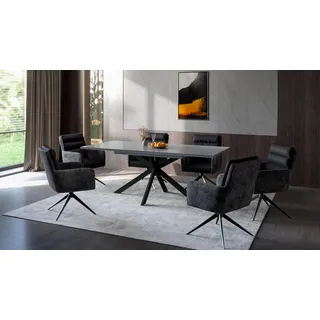 Hela Tische, 7-TLG. Essgruppe Sitzgruppe, Ausziehtisch Konferenztisch Chiara, Grau glänzent, 6X Armlehnstuhl, Komfortsitz Federkorb, Drehgestell