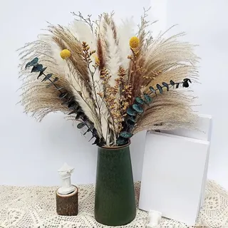 Getrocknete Pampasgras Deko Set 60 Stück Natürliche Pampasgras Trockenblumen Deko DIY Schilfgrasstrauß für Hochzeit Pflanzen Blumenstrauß Boho Pampas Deko für Wohnzimmer Home Hochzeit Vasen Tischdeko