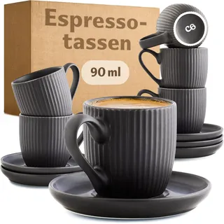 Cosumy Espressotassen Schwarz Matt mit Untertassen 6er Set - 90ml - Streifenmuster Keramik - Spülmaschinenfest -Mikrowellenfest - Moderne Mokkatassen Set