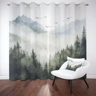 Natur Wald Landschaft Blickdichte Gardinen, Aquarell Dschungel Berg Thermo Vorhang Kälteschutz, Regenwald Nebel Schallschutz Verdunklungsvorhänge Wohnzimmer mit Ösen 2er Set 215 cm Lang 110 cm Breit