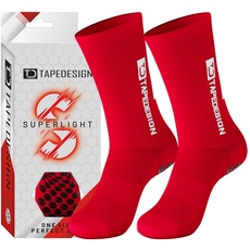 TAPEDESIGN - "Superlight" - 1 Paar Rutschfeste, ultraleichte Fußballsocken Rot mit gummierten Noppen (Unisex) - Sport-Socken mit Grip für Damen & Herren - Anti-Rutsch Fussball-Socken atmungsaktiv